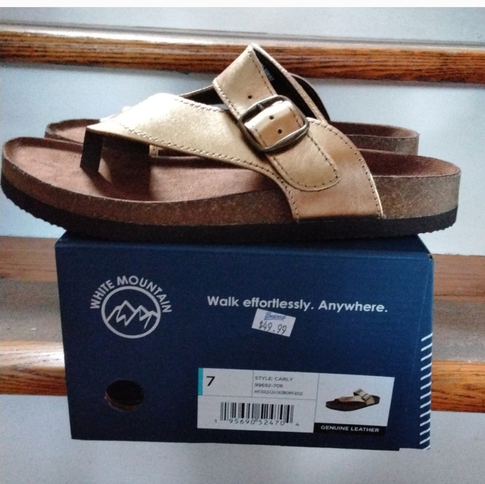 White Mountain Carly Leather And Cork Footbed Gold Sandal Women Size 7